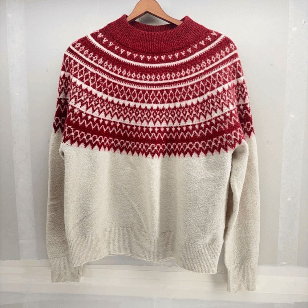 H & M Mens Large Red White Geometric Ski Sweater Well Worn Size‎ Large